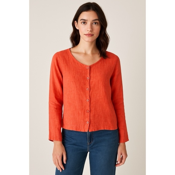 FLAX 100% Linen Tangerine Button Blouse - Picture 1 of 9